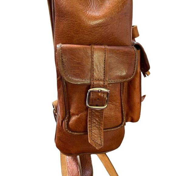 Vintage Tan Leather Drawstring Backpack Rucksack Rugged Bag Brown main image 4